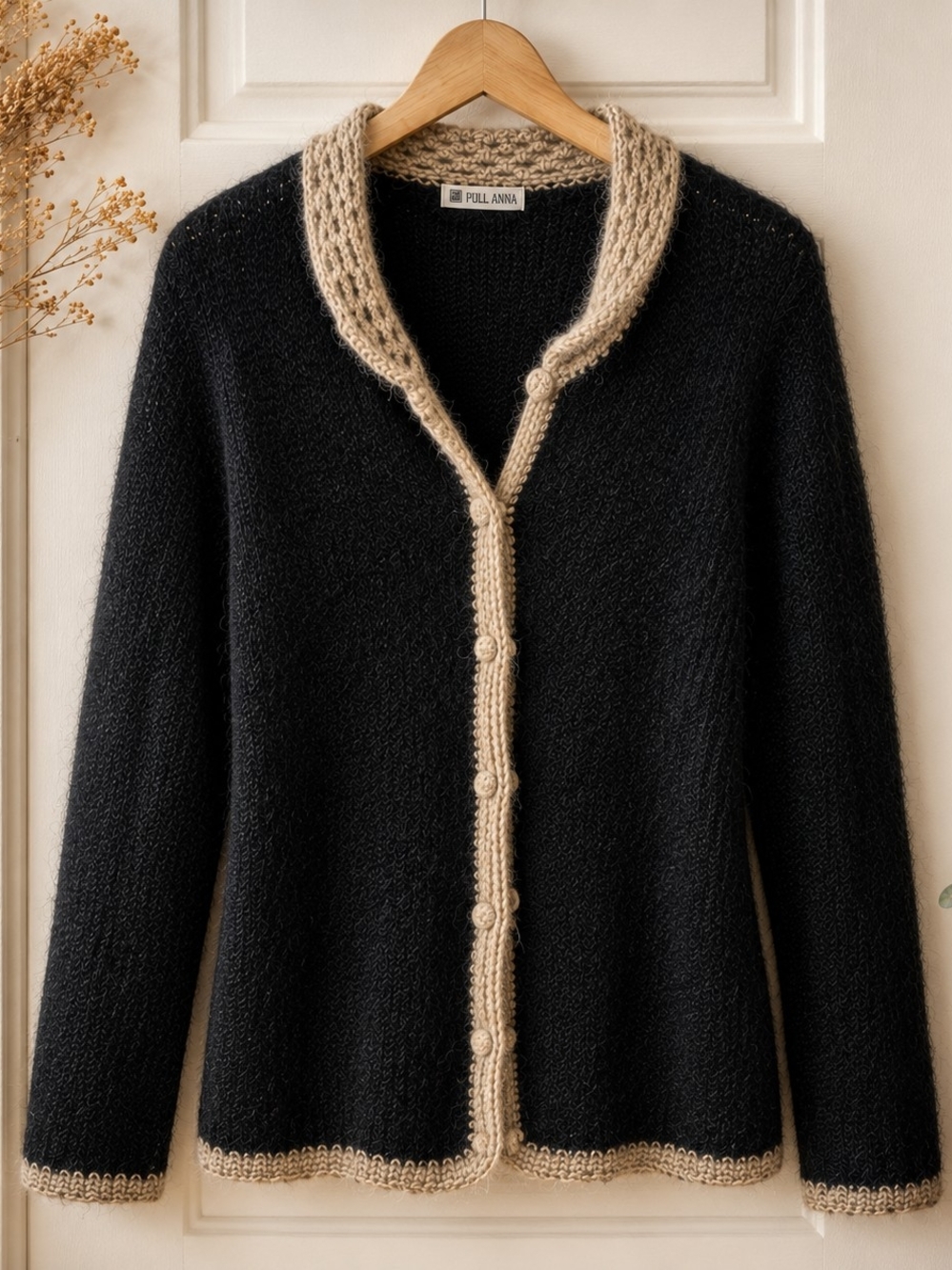 Vintage Pull Anna Fuzzy Knit Cardigan Black Beige Oversized XL 24.5” PTP